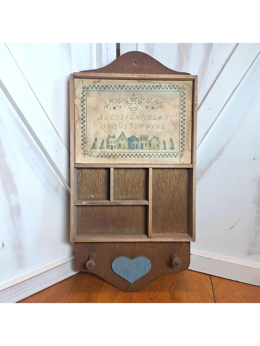 Hand Crafted Wood Ruler Trinket Wall Shelf Hearts 2 Peg Hooks Country 6.25X13.5"